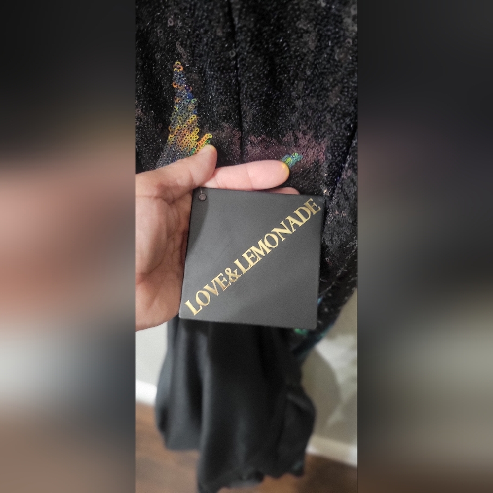 NWT-Love & Lemonade Sequin  Mermaid Gown Black Sweetheart Off Shoulder Size L - Picture 7 of 9